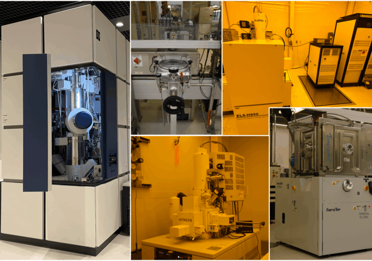 New tools installed at MIT.nano include (clockwise from left) the Hitachi HF5000 environmental transmission electron microscope