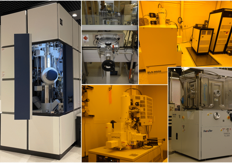 New tools installed at MIT.nano include (clockwise from left) the Hitachi HF5000 environmental transmission electron microscope