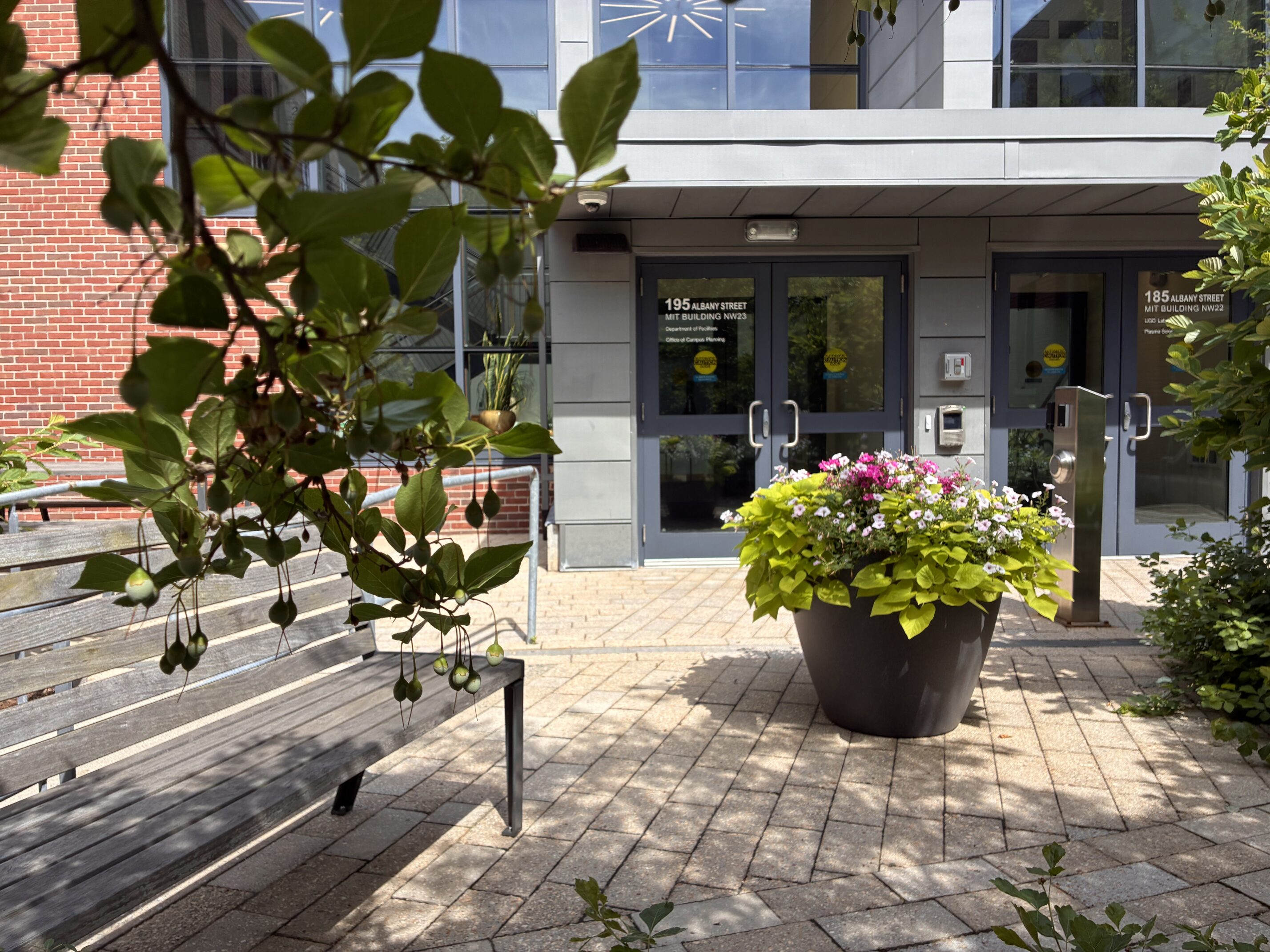 Front entrance of building with a bench and potted flowers
