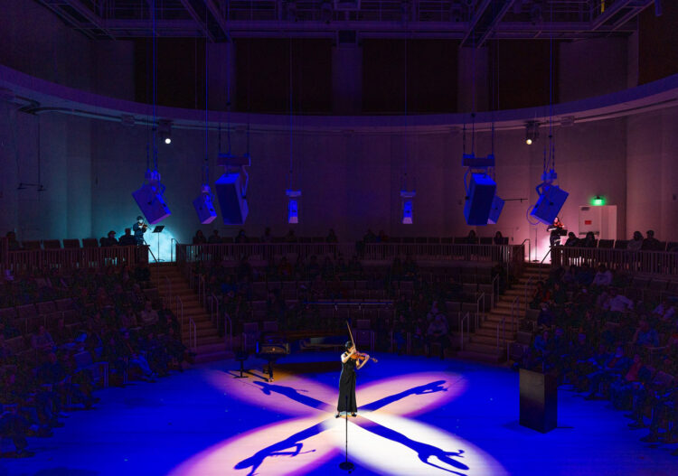 Performance in the new Thomas Tull Hall in the Edward and Joyce Linde Music building by Assistant Professor of MIT Music and Theater Arts and violinist Natalie Lin Douglas and four students. The musicians performed the new piece Madrigal composed by Keeril Makan